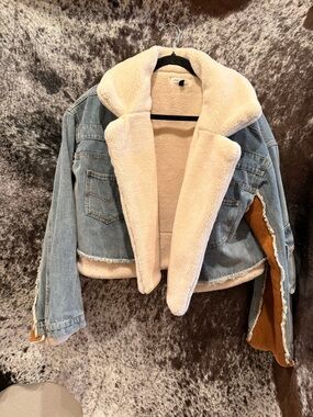 12th Tribe Light Blue Denim Sherpa Jacket with Cream Lining